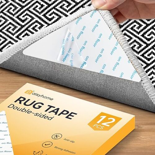 12 PCS Rug Tape, Rug Pad Gripper for Hardwood Floors, Double Sided Adhesive Carpet Tape, Reusable Anti Slip Rug Grips for Area Rugs to Keep Rugs in...