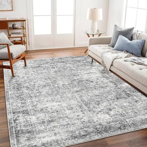 Area Rug 4x6 Washable Rug Gray Vintage Traditional Floor Cover Foldable Thin Retro Accent Indoor Distressed Non Slip Carpet Floral Print Mat...
