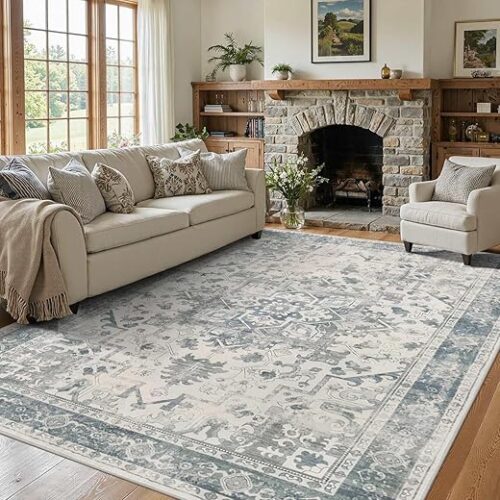 Area Rugs 5x7, Washable Rugs for Living Room, Vintage Boho Light Blue Rug for Office, Dining Room, Kids Room and Farmhouse, Durable Low Pile...