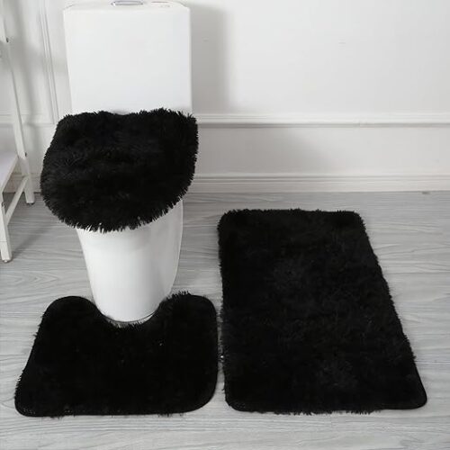 Eanpet Shaggy Bathroom Rugs Sets 3Piece Black Bath Mat for Bathroom Non-Slip Bathroom Mats Water Absorbent Bath Rug Floor Mats Soft Washable Shower...