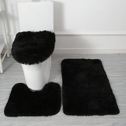 Eanpet Shaggy Bathroom Rugs Sets 3Piece Black Bath Mat for Bathroom Non-Slip Bathroom Mats Water Absorbent Bath Rug Floor Mats Soft Washable Shower...