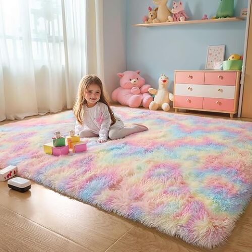Fluffy 4x6 Area Rugs for Girls Bedoom, Rainbow Soft Washable Shag Carpet for Kids Room, Nursery, Dorm Decor, Colorful Cute Plush Fuzzy Rugs for...