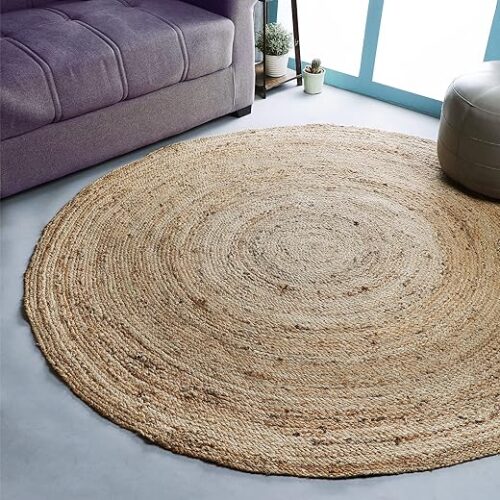 Hausattire Hand Woven Jute Braided Rug, 4’ Round – Natural, Reversible Boho Entry Area Rugs for Kitchen, Living Room I Farmhouse Decorative Floor...