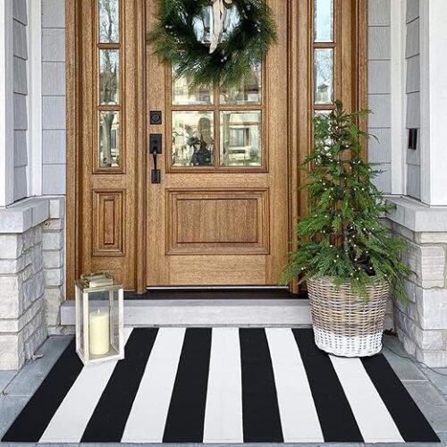 KOZYFLY Black and White Area Rug 27.5x43 Inches Striped Front Door Rug Cotton Washable Indoor Outdoor Rug Doormats Outdoor Small Striped Rugs for...