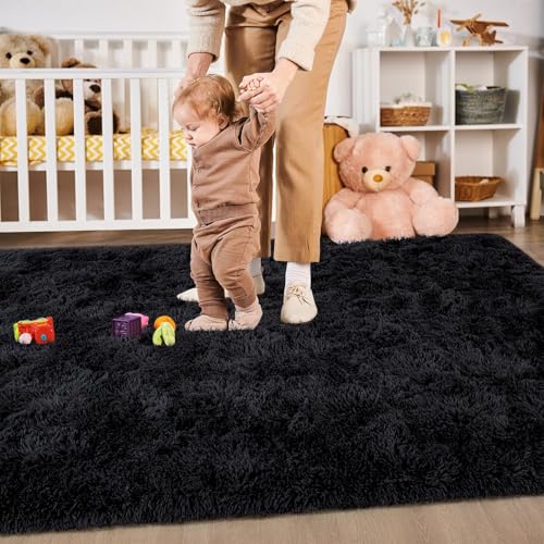 Merelax Soft Area Rug for Livingroom Bedroom, Machine Washable 4x6 Black Rugs Fluffy Shaggy Bedside Rug, Non Slip Indoor Carpet for Nursery Kids...