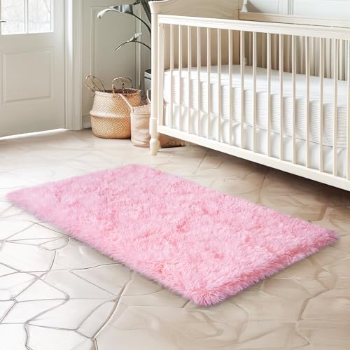 Pink Rug for Bedroom, 2x3 Fluffy Area Rugs for Living Room, Small Soft Shag Fuzzy Shaggy Carpets for Kids Boys and Girls Dorm with 4 Non-Slip Rug...