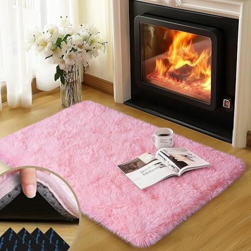 Pink Rug for Bedroom, 2x3 Fluffy Area Rugs for Living Room, Small Soft Shag Fuzzy Shaggy Carpets for Kids Boys and Girls Dorm with 4 Non-Slip Rug...