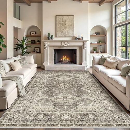 Rugland 8x10 Area Rugs - Stain Resistant Washable Rug, Anti Slip Backing Rugs for Living Room, Vintage Tribal Area Rugs (TPR07-Ivory, 8'x10')
