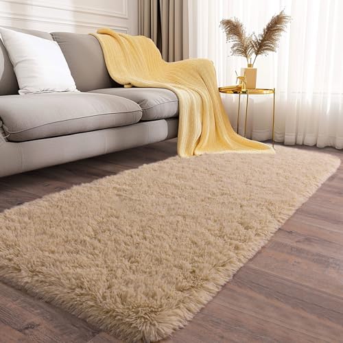 Soft Runner Rugs for Bedroom Hallways, 2x6 Beige Fluffy Shag Throw Area Rug Non Slip for Bedside Dorm, Long Shaggy Furry Carpet for Nursery Living...