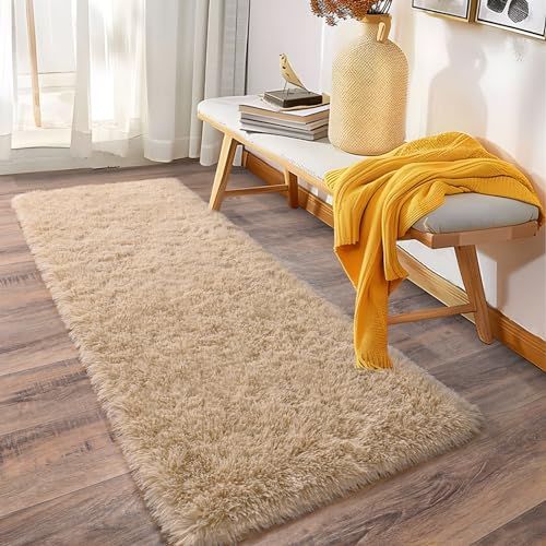 Soft Runner Rugs for Bedroom Hallways, 2x6 Beige Fluffy Shag Throw Area Rug Non Slip for Bedside Dorm, Long Shaggy Furry Carpet for Nursery Living...
