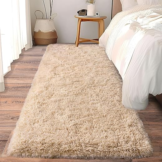 Soft Runner Rugs for Bedroom Hallways, 2x6 Beige Fluffy Shag Throw Area Rug Non Slip for Bedside Dorm, Long Shaggy Furry Carpet for Nursery Living...