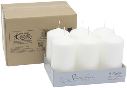 Stonebriar Unscented White Tall Pillar Candles, 65 Hour Burning Candle Pillars, Perfect for Decor, Weddings, Emergencies 3" X 6", 6 count Stonebriar Unscented White Tall Pillar Candles, 65 Hour Burning Candle Pillars, Perfect for Decor, Weddings, Emergencies 3" X 6", 6 count
