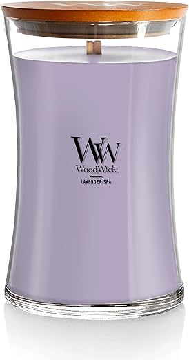 WoodWick Large Hourglass Candle Lavender Spa Scent Premium Soy Blend Crackles as it Burns 21oz Perfect for Gifting