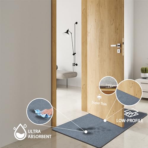 Yancorp 16"x26" Ultra Thin Gray Bathroom Rugs,Low Profile Bath Mat Non Slip Fit Under Door Absorbent Shower Rug Washable Grey Indoor Door Mat Small