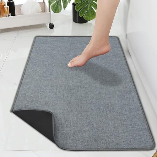 Yancorp 16"x26" Ultra Thin Gray Bathroom Rugs,Low Profile Bath Mat Non Slip Fit Under Door Absorbent Shower Rug Washable Grey Indoor Door Mat Small