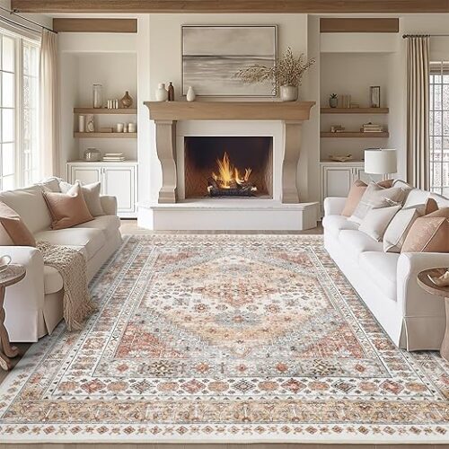 zesthome 8x10 Area Rugs for Living Room,Non-Slip Backing Washable Rugs,Vintage Large Area Rug，Stain Resistant Home Decor Rug (Orange,8'x10')